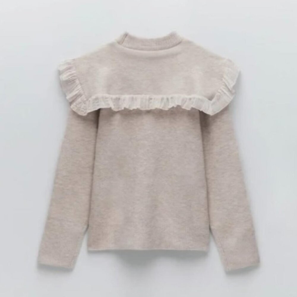 Zara Cream Ruffle Yoke Turtleneck Sweater